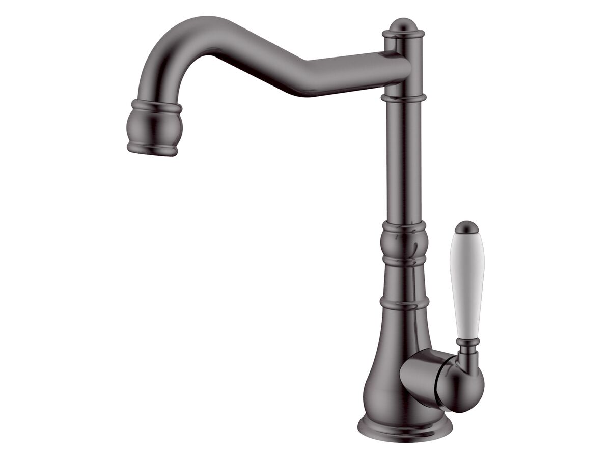 Milli Voir English Sink Mixer Tap Large Porcelain Handle Brushed Gunmetal (4 Star)