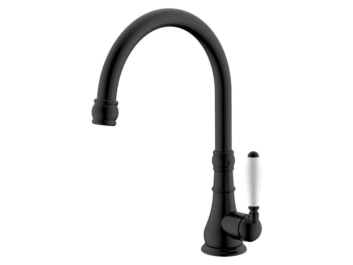 Milli Voir Gooseneck Sink Mixer Tap Large Porcelain Handle Matte Black (4 Star)