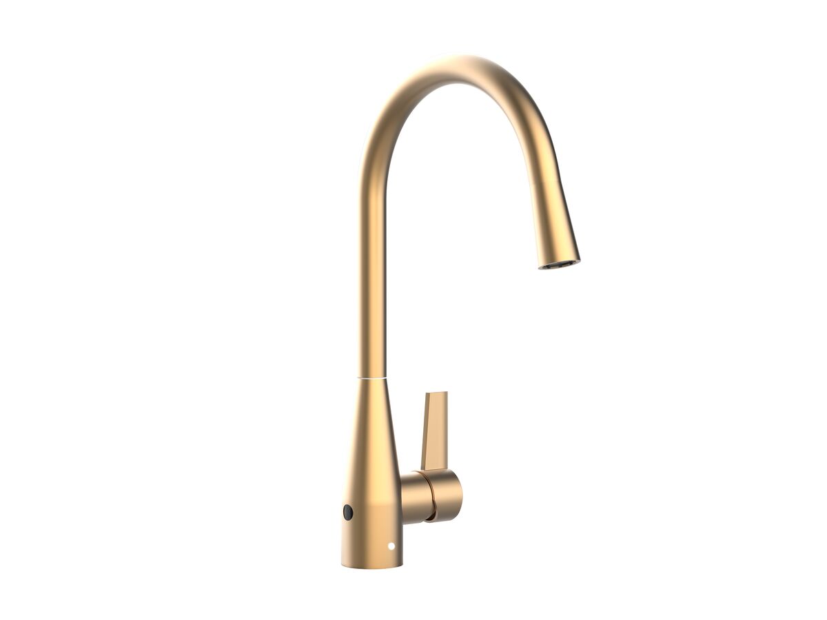 Memo Sia Sensor Gooseneck Sink Mixer Tap Dual Functions Right Hand Lever Brushed Brass (4 Star)