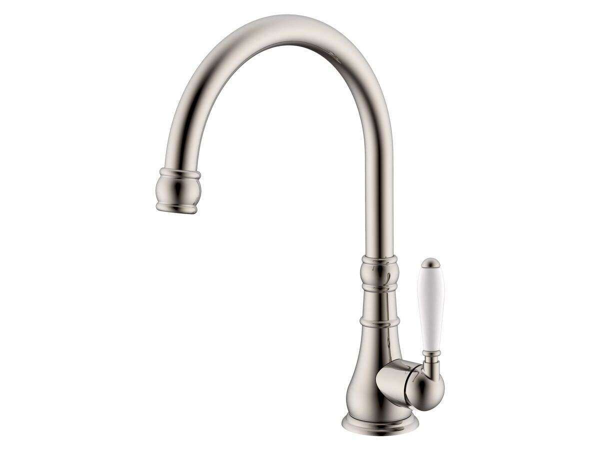 Milli Voir Gooseneck Sink Mixer Tap Large Porcelain Handle Brushed Nickel (4 Star)