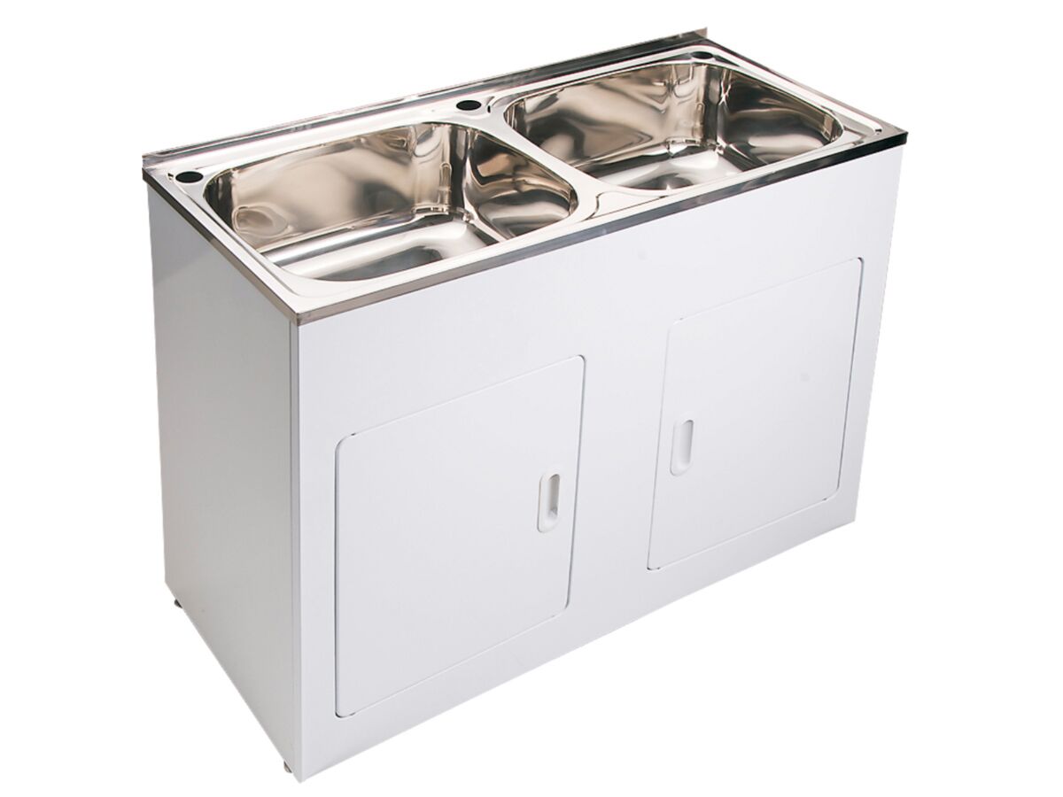 Base Double Laundry Trough & Cabinet 1 Taphole 45 litres Stainless Steel/ White