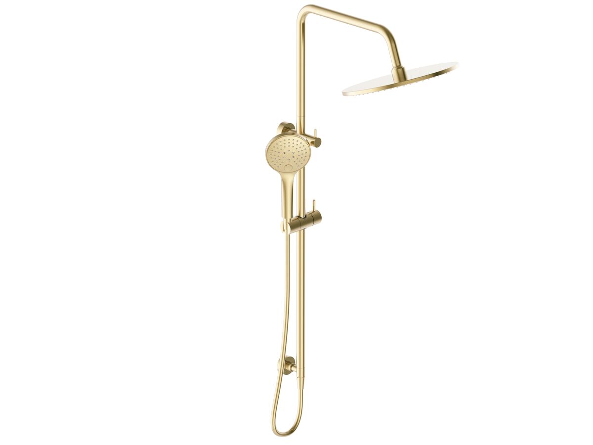 Mizu Drift Twin Rail Shower with 300 Brass Overhead with Top Rail Water Inlet Brushed Brass (3 Star)